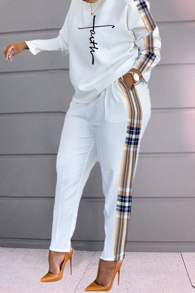 Letter Plaid Print Long Sleeve Top & Pants Set