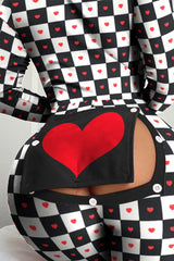 Heart Checker Print Functional Buttoned Flap Adult Onesie