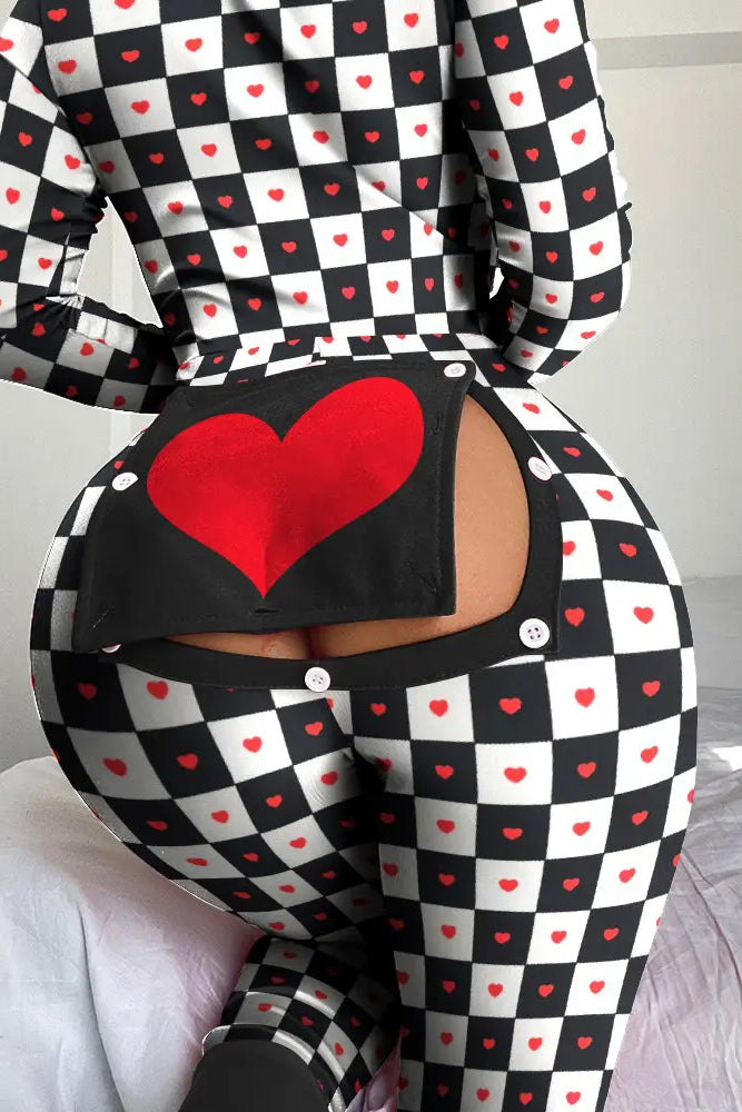 Heart Checker Print Functional Buttoned Flap Adult Onesie