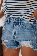 Zipper Fly Ripped Raw Hem Denim Shorts