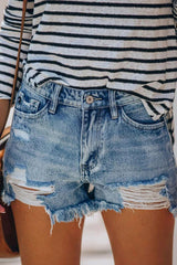 Zipper Fly Ripped Raw Hem Denim Shorts