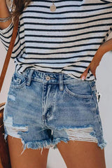 Zipper Fly Ripped Raw Hem Denim Shorts