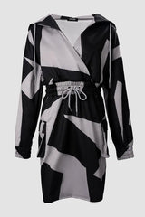 Geo Print Drawstring Waist Hooded Sweatshirt Dress