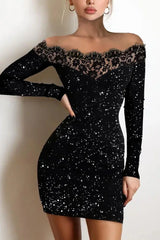 Off Shoulder Contrast Lace Glitter Bodycon Dress