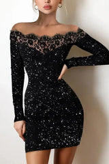 Off Shoulder Contrast Lace Glitter Bodycon Dress