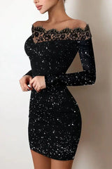 Off Shoulder Contrast Lace Glitter Bodycon Dress