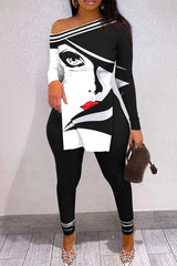 Figure Print Split Hem Long Sleeve Top & Pants Set