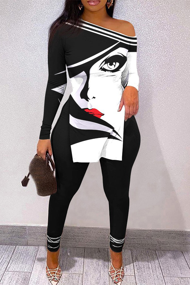 Figure Print Split Hem Long Sleeve Top & Pants Set