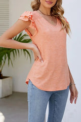 V-Neck Ruffle Sleeve Lace Patch Top