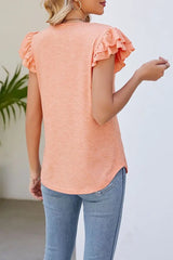 V-Neck Ruffle Sleeve Lace Patch Top