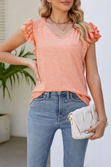 V-Neck Ruffle Sleeve Lace Patch Top