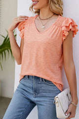 V-Neck Ruffle Sleeve Lace Patch Top