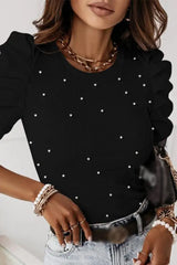 Beaded Decor Puff Sleeve Ribbed Top