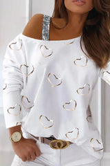 Heart Pattern Sequins Cold Shoulder T-shirt