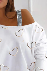 Heart Pattern Sequins Cold Shoulder T-shirt