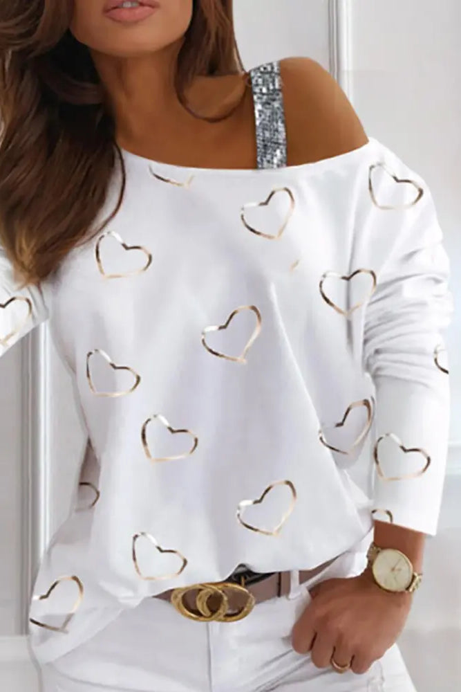 Heart Pattern Sequins Cold Shoulder T-shirt