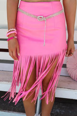 Pink Fringe Hemline Midi Skirt