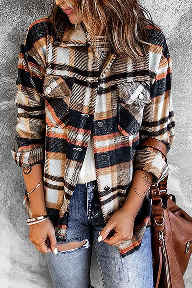 Plaid Print Long Sleeve Button Down Shacket