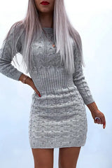 O Neck Long Sleeve Bodycon Braided Sweater Dress