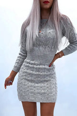 O Neck Long Sleeve Bodycon Braided Sweater Dress