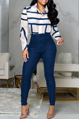 Striped Print Shirt & High Waist Pants Set