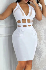 Halter Hollow-Out Sheer Mesh Buckled Bodycon Dress