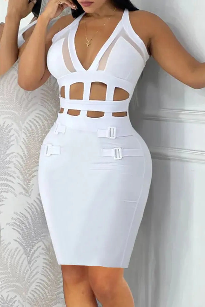 Halter Hollow-Out Sheer Mesh Buckled Bodycon Dress