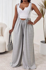 Plain Wide Leg Suspender Jumpsuit