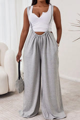 Plain Wide Leg Suspender Jumpsuit