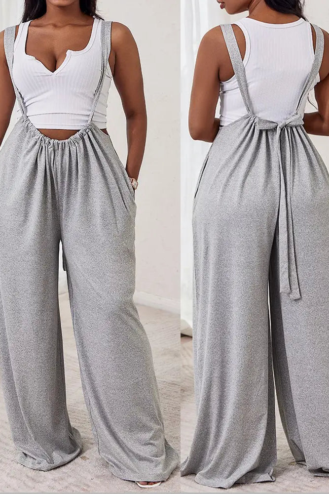 Plain Wide Leg Suspender Jumpsuit