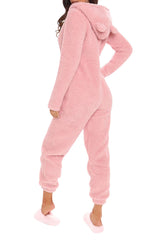 3D Ear Zipper Front Hooded Fluffy Lounge Jumpsuit