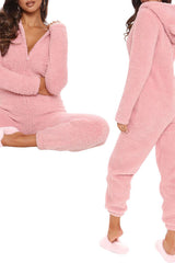 3D Ear Zipper Front Hooded Fluffy Lounge Jumpsuit