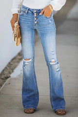 Cutout Ripped Button Design Bootcut Jeans