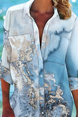 Marble Print Roll Up Sleeve Pocket Design Shirt Dress