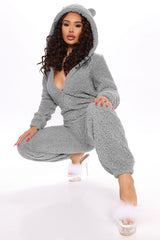 3D Ear Zipper Front Hooded Fluffy Lounge Jumpsuit