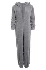 3D Ear Zipper Front Hooded Fluffy Lounge Jumpsuit