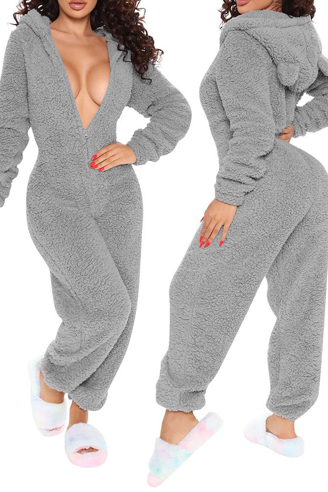 3D Ear Zipper Front Hooded Fluffy Lounge Jumpsuit