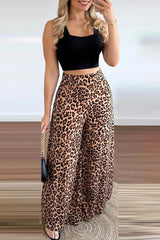 Crop Tank Top & Leopard Print Wide Leg Pants Set