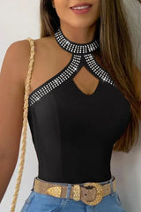 Rhinestone Decor Halter Sleeveless Top