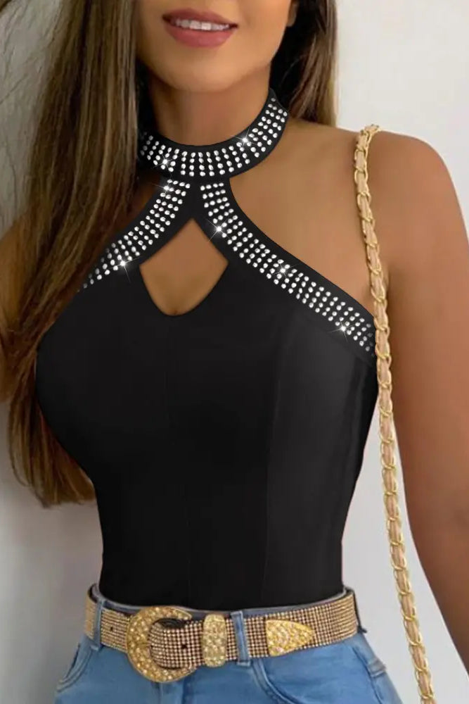 Rhinestone Decor Halter Sleeveless Top