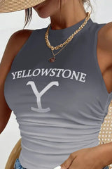 Yellowstone Graphic Print Ombre Ruched Tank Top