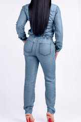 Pocket Design Drawstring Denim Jumpsuit