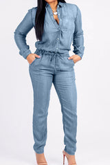 Pocket Design Drawstring Denim Jumpsuit