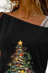 Christmas Tree Print Contrast Mesh Cold Shoulder Top