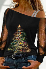 Christmas Tree Print Contrast Mesh Cold Shoulder Top