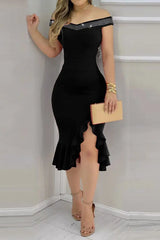 Off Shoulder Rhinestone Decor Slit Ruffles Party Dress