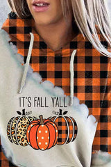 Halloween Pumpkin Plaid Print Long Sleeve Hoodie