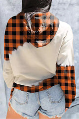 Halloween Pumpkin Plaid Print Long Sleeve Hoodie