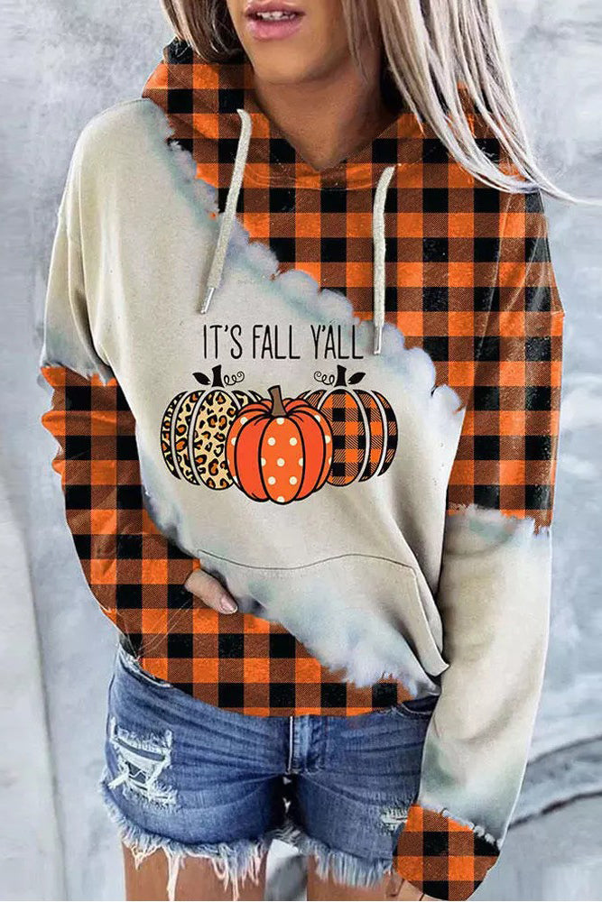 Halloween Pumpkin Plaid Print Long Sleeve Hoodie