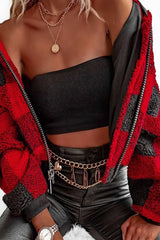 Plaid Print Long Sleeve Zip Up Teddy Coat